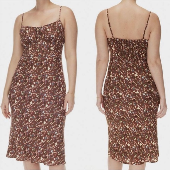 Aritzia Dresses & Skirts - ARITZIA Wilfred Bellow Midi Dress Brown Floral Smocked Back Milkmaid Size 2
